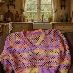 Vibrant V-Neck Crochet Sweater